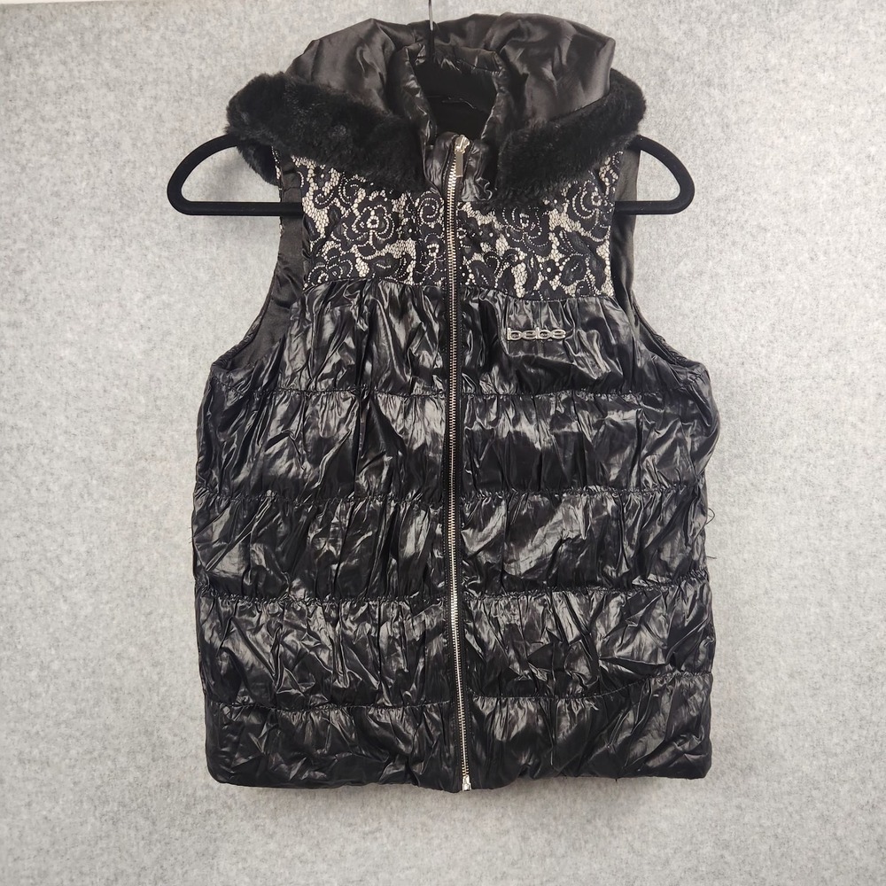 BEBE Puffer Vest Womens Size Small Black Hooded Faux Fur Down‎ Full Zip